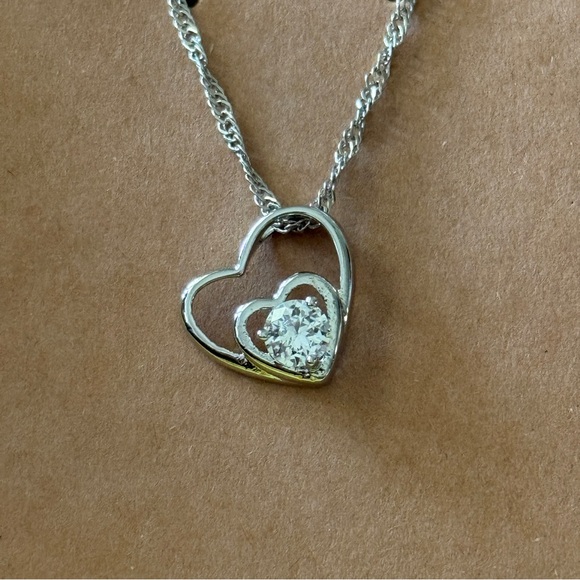 NEW Silver-Tone Double Heart Pendant Necklace – Sparkling CZ Accent - Picture 3 of 15